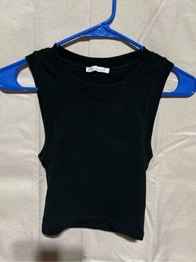 Zara Womens Black Ribbed Crewneck Tank Top Small Sleeveless Fitted Staple